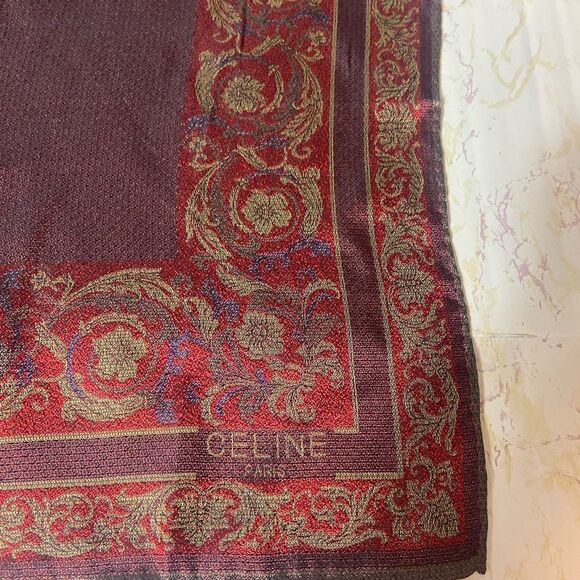CELINE - VINTAGE RED & GOLD SILK SCARF HANDKERCHEIF TWILLY - Picture 2 of 5